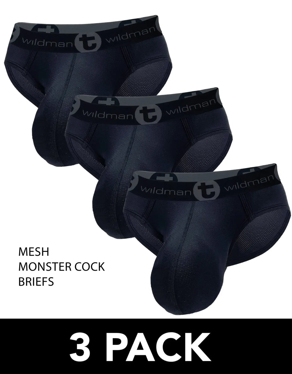 Three-pack of black WildmanT mesh briefs with a contoured pouch and branded elastic waistband.