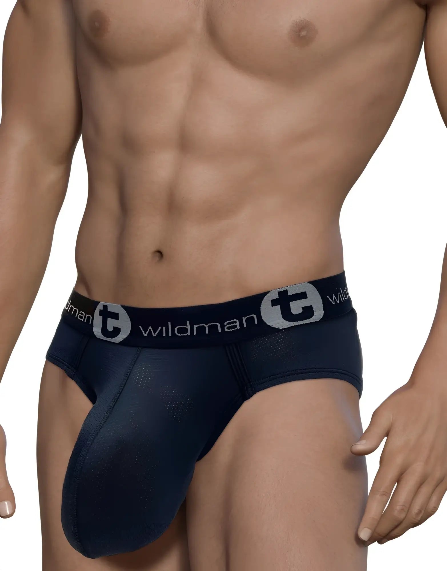 Black WildmanT mesh pouch brief with logo waistband worn on a fit male torso.