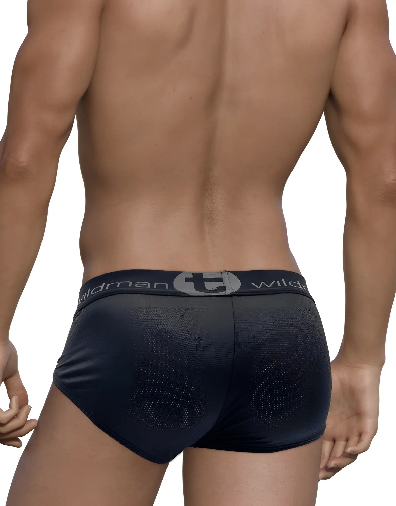 Back view of a man wearing black mesh briefs with a branded "WildmanT" elastic waistband.