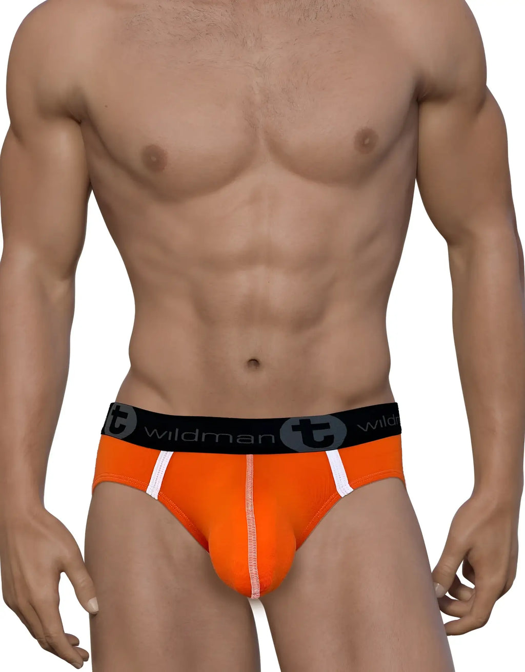 Muscular man wearing bright orange modal pouch briefs with white vertical accent stripes and a black WildmanT waistband.