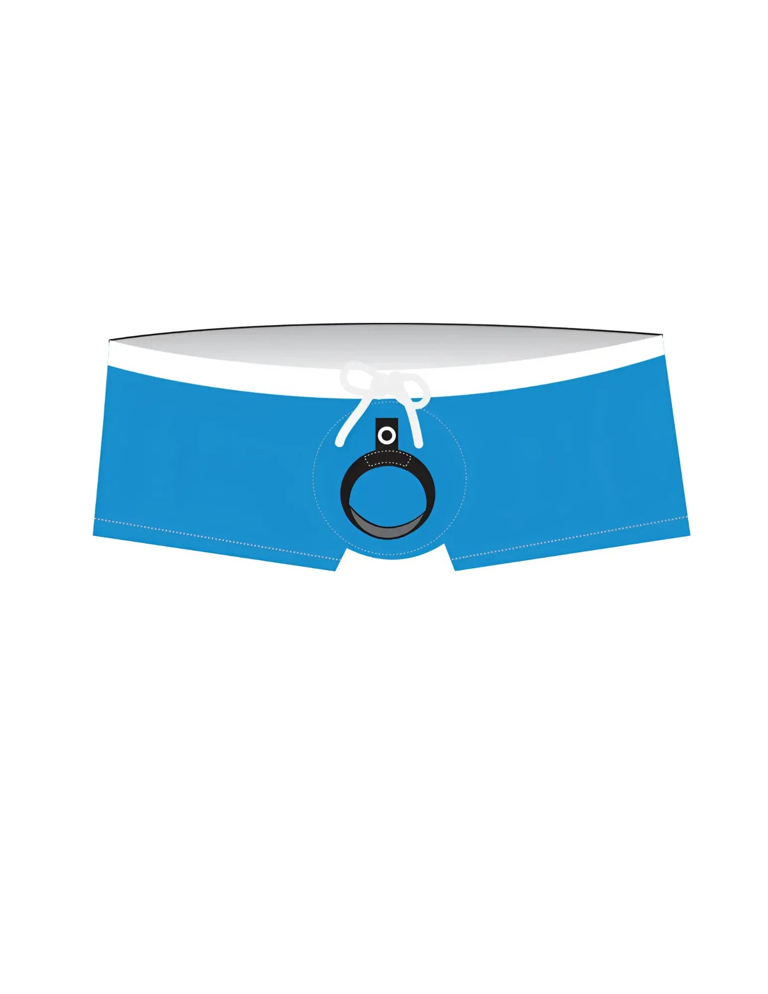 Teal square-cut swim trunks with a white waistband, drawstring, and an integrated black cock ring attachment.