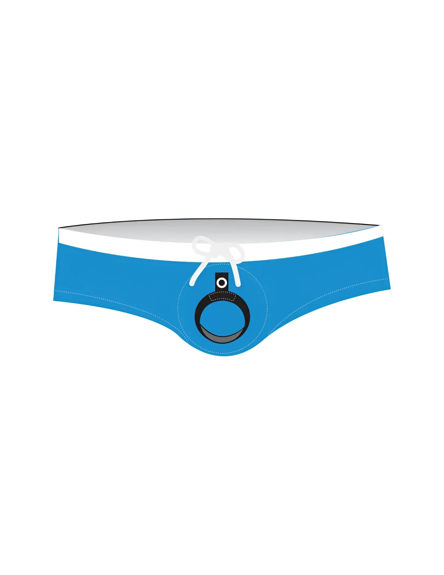 Teal swim briefs with a white waistband, drawstring, and a black circular cock ring feature in the center.