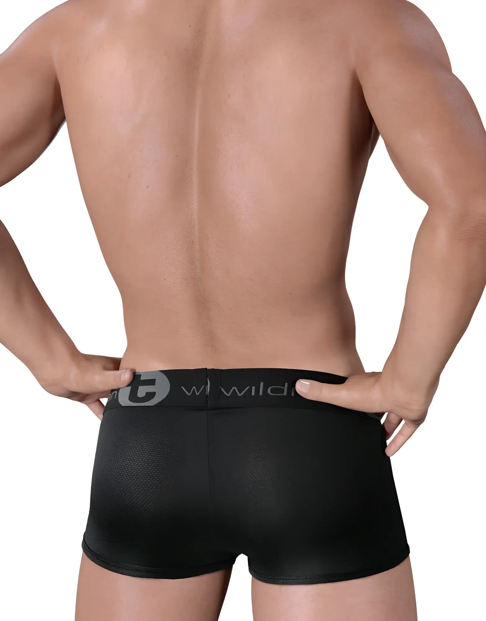 Back view of WildmanT black mesh boxer briefs with a grey logo waistband on a muscular model.