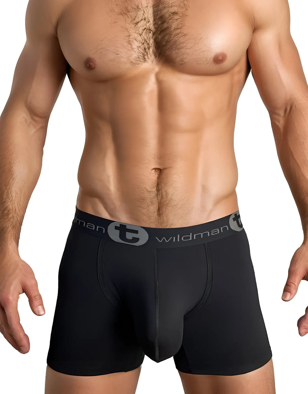 Black 5-inch inseam boxer briefs with a contoured front pouch and a branded elastic waistband on a muscular model.