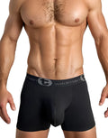 Black 5-inch inseam boxer briefs with a contoured front pouch and a branded elastic waistband on a muscular model.