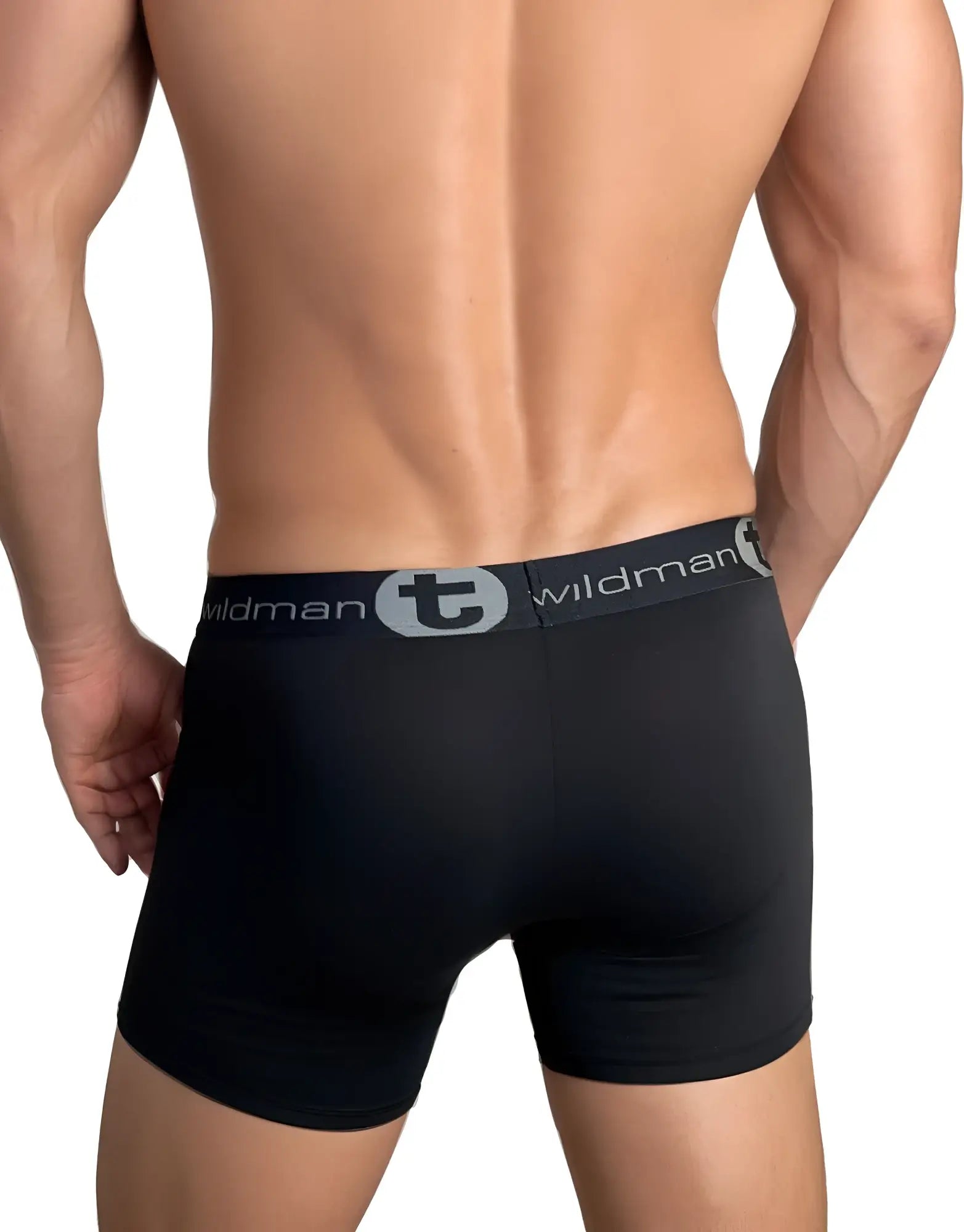 Back view of a man wearing black 5-inch inseam boxer briefs with a branded "Wildman" elastic waistband.