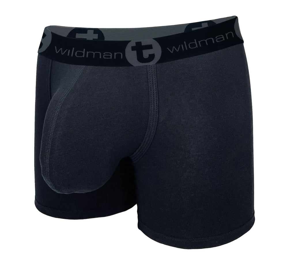 Black Wildman boxer briefs with a 5-inch inseam, featuring a prominent contoured front pouch and branded elastic waist.