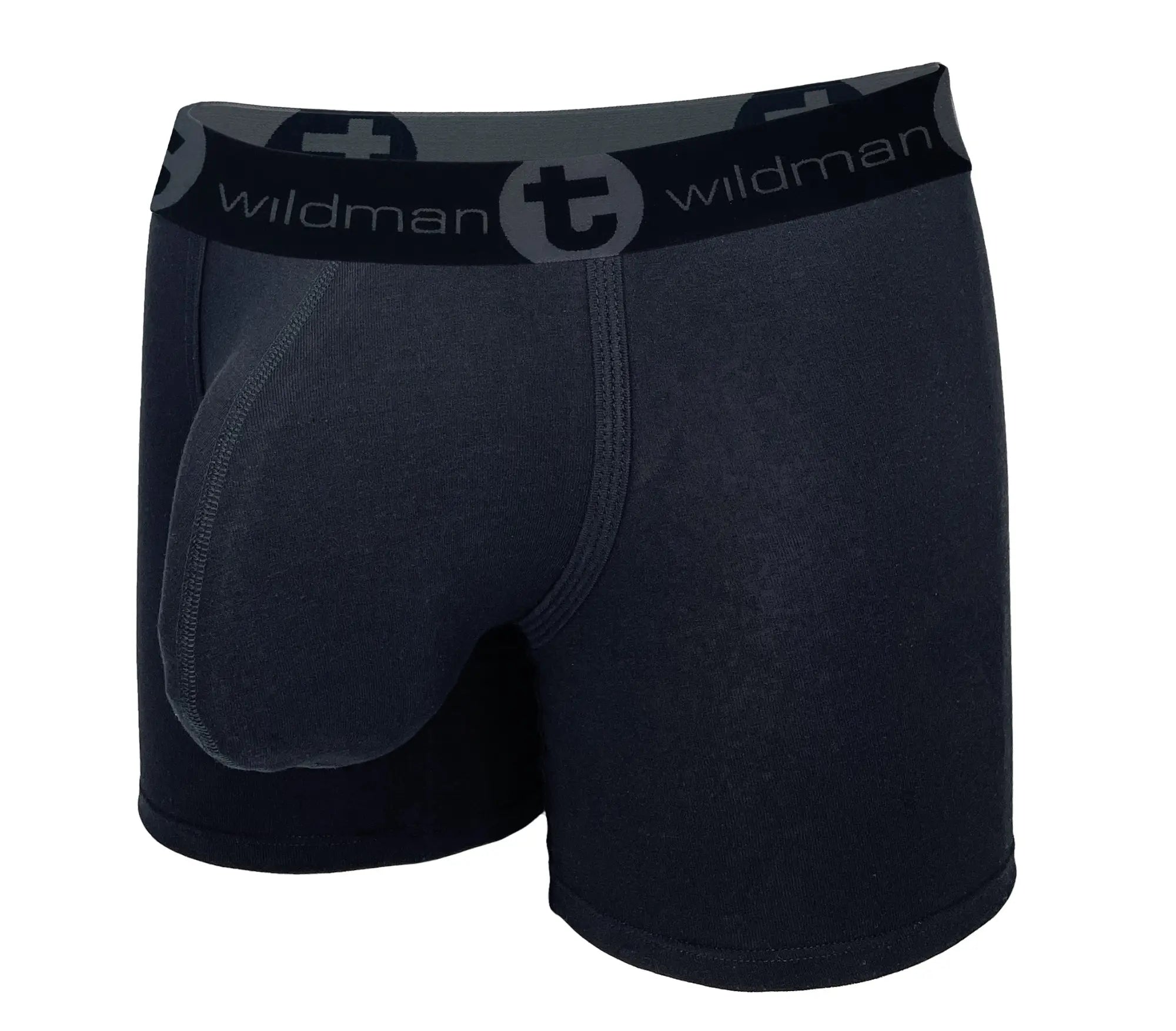 Black Wildman boxer briefs with a 5-inch inseam, featuring a prominent contoured front pouch and branded elastic waist.