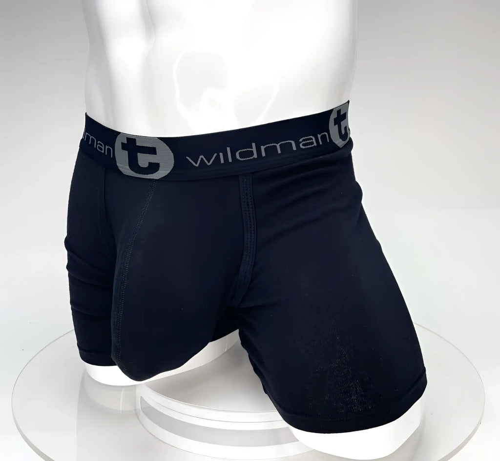 Black Big Boy Pouch boxer briefs with a 5-inch inseam and a Wildman branded elastic waistband on a mannequin torso.
