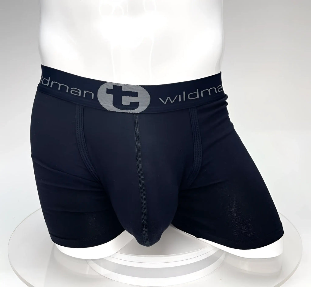 Black Big Boy pouch boxer briefs with 5-inch inseam and a branded "wildman" elastic waistband on a mannequin torso.