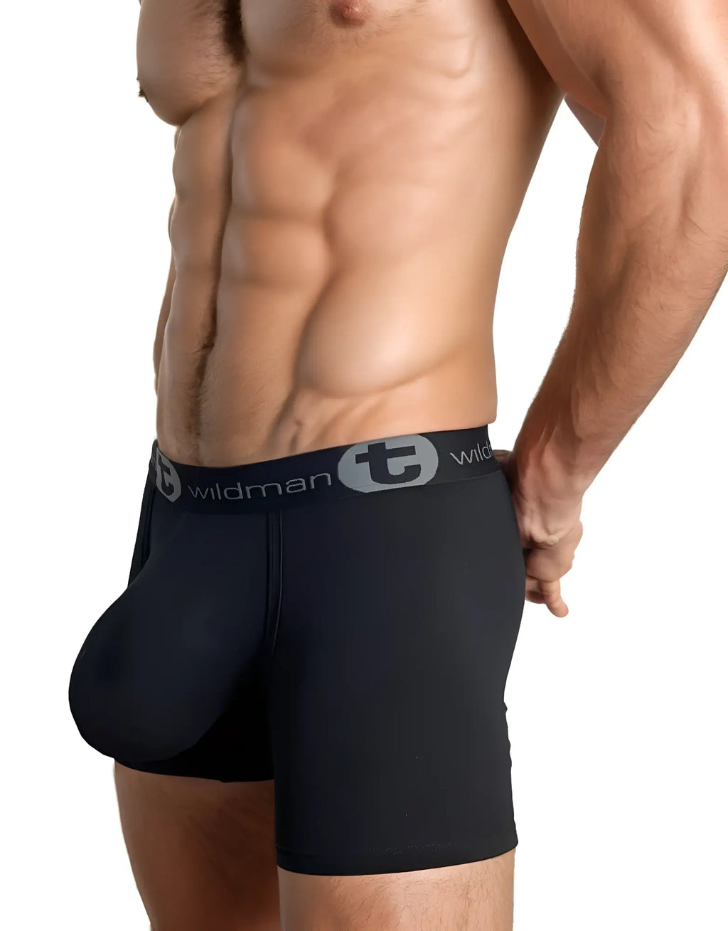 Black 5-inch inseam boxer briefs with a prominent contoured pouch and Wildman brand waistband.
