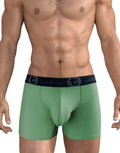 Green 5-inch inseam boxer briefs with a contoured pouch and black elastic waistband featuring the Wildman logo.