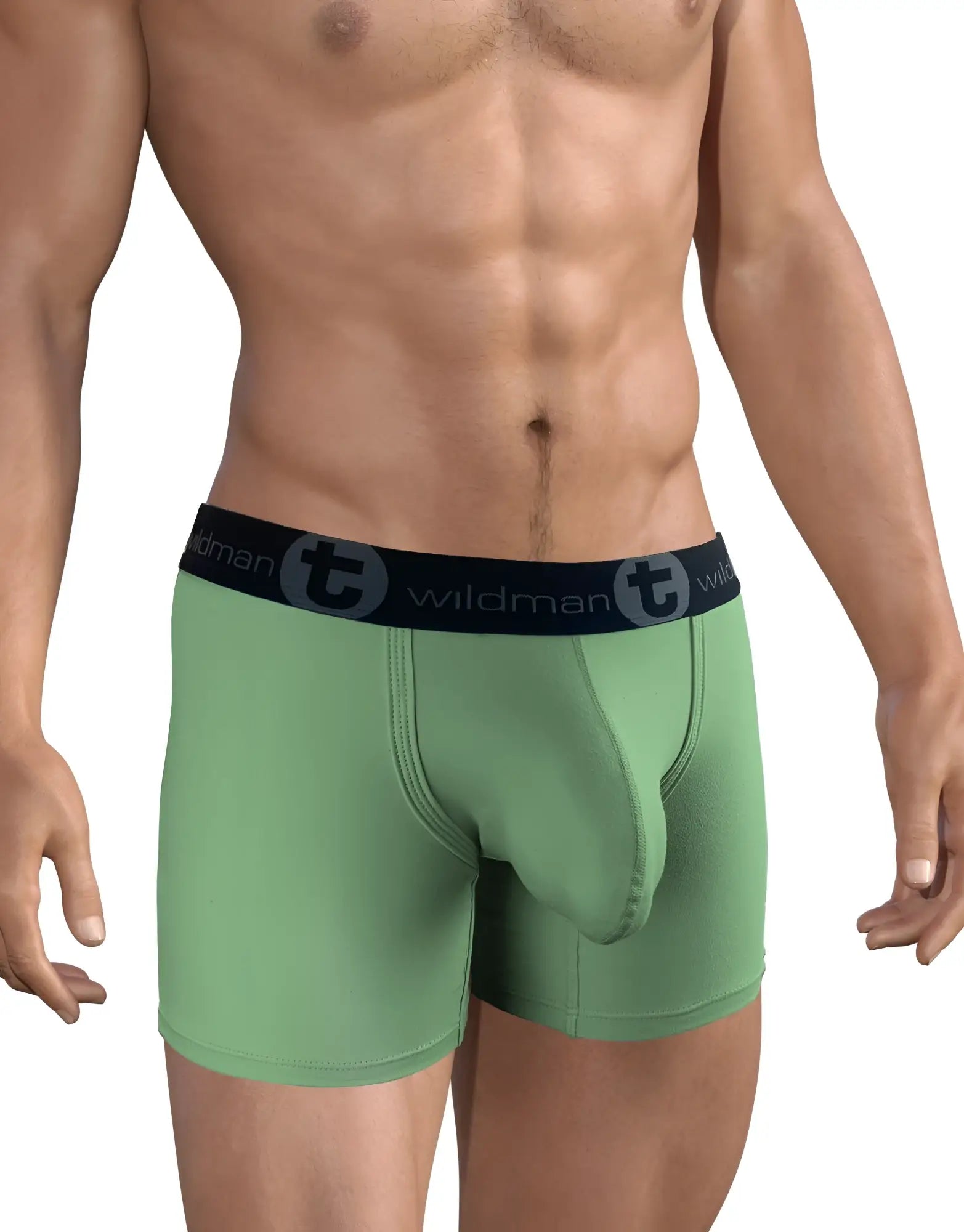 Sage green boxer briefs with a contoured pouch and black waistband featuring the "wildman" logo on a fit model.