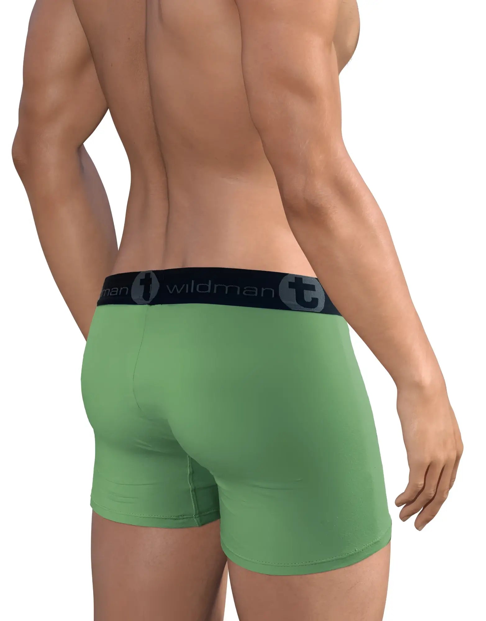 Green 5-inch inseam boxer briefs with a black elastic waistband featuring the Wildman logo.