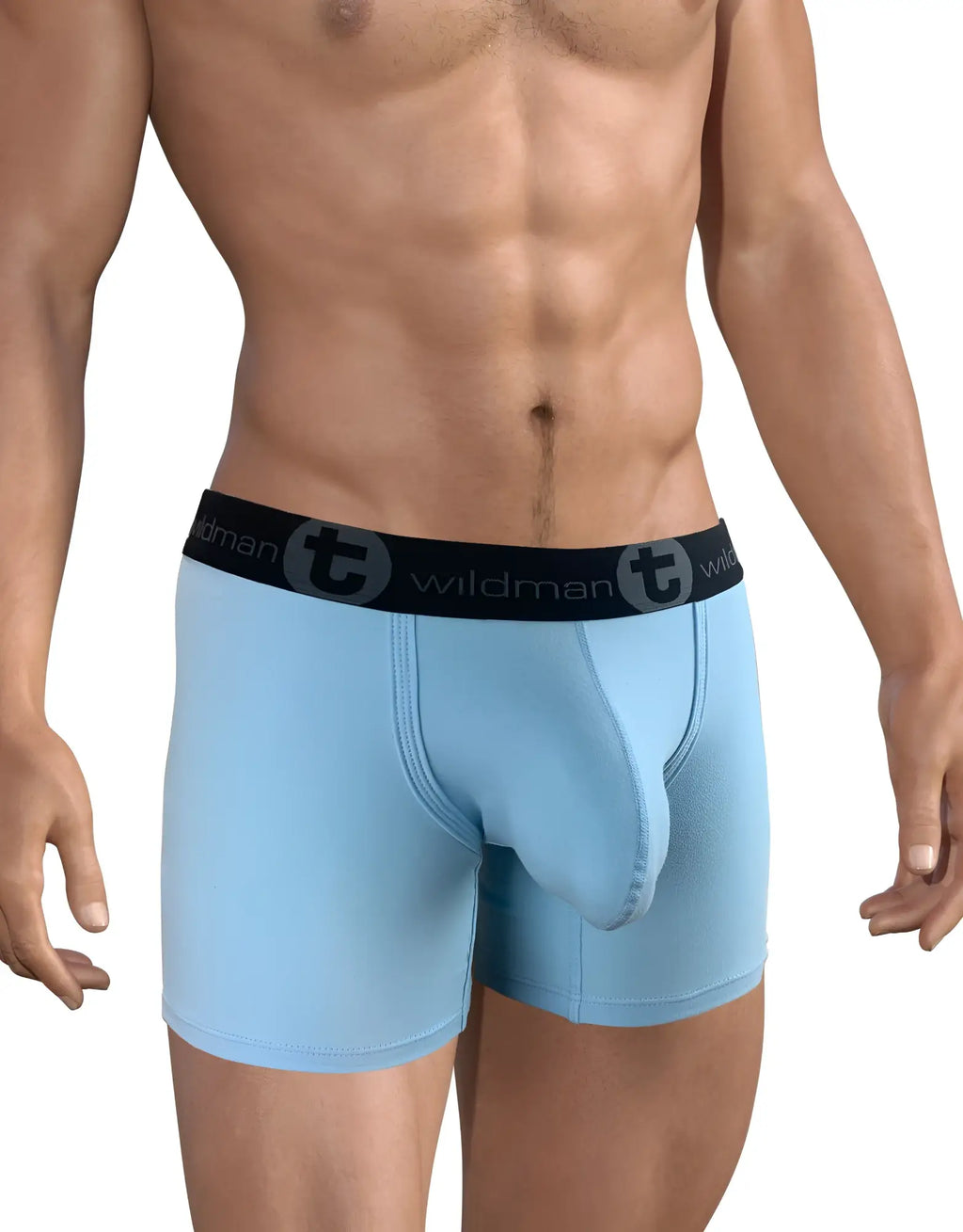 Light blue Big Boy boxer briefs with a prominent contoured front pouch and a black waistband with Wildman branding.