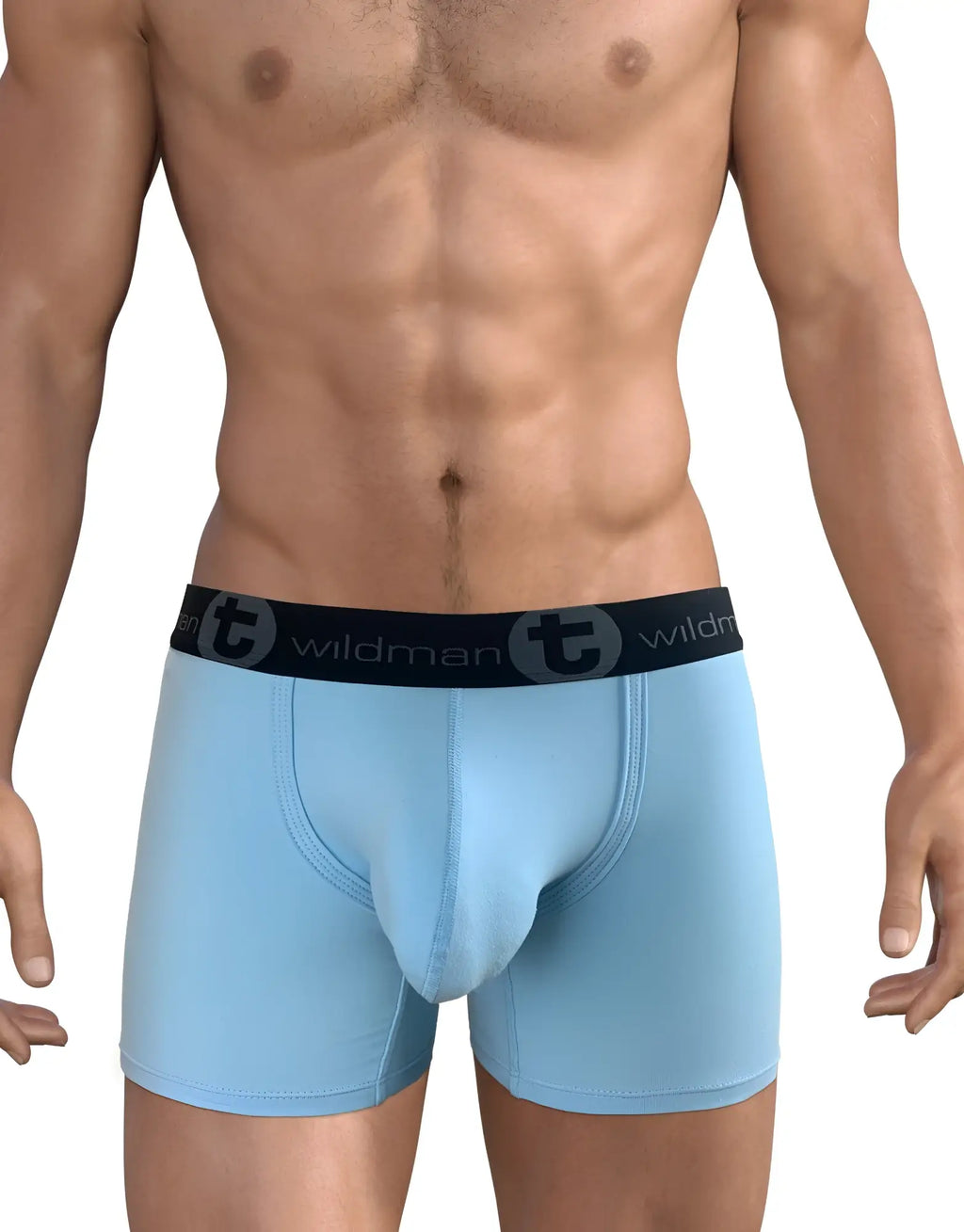Light blue Wildman Big Boy Pouch 5" boxer briefs with a black branded elastic waistband on a fit male model.