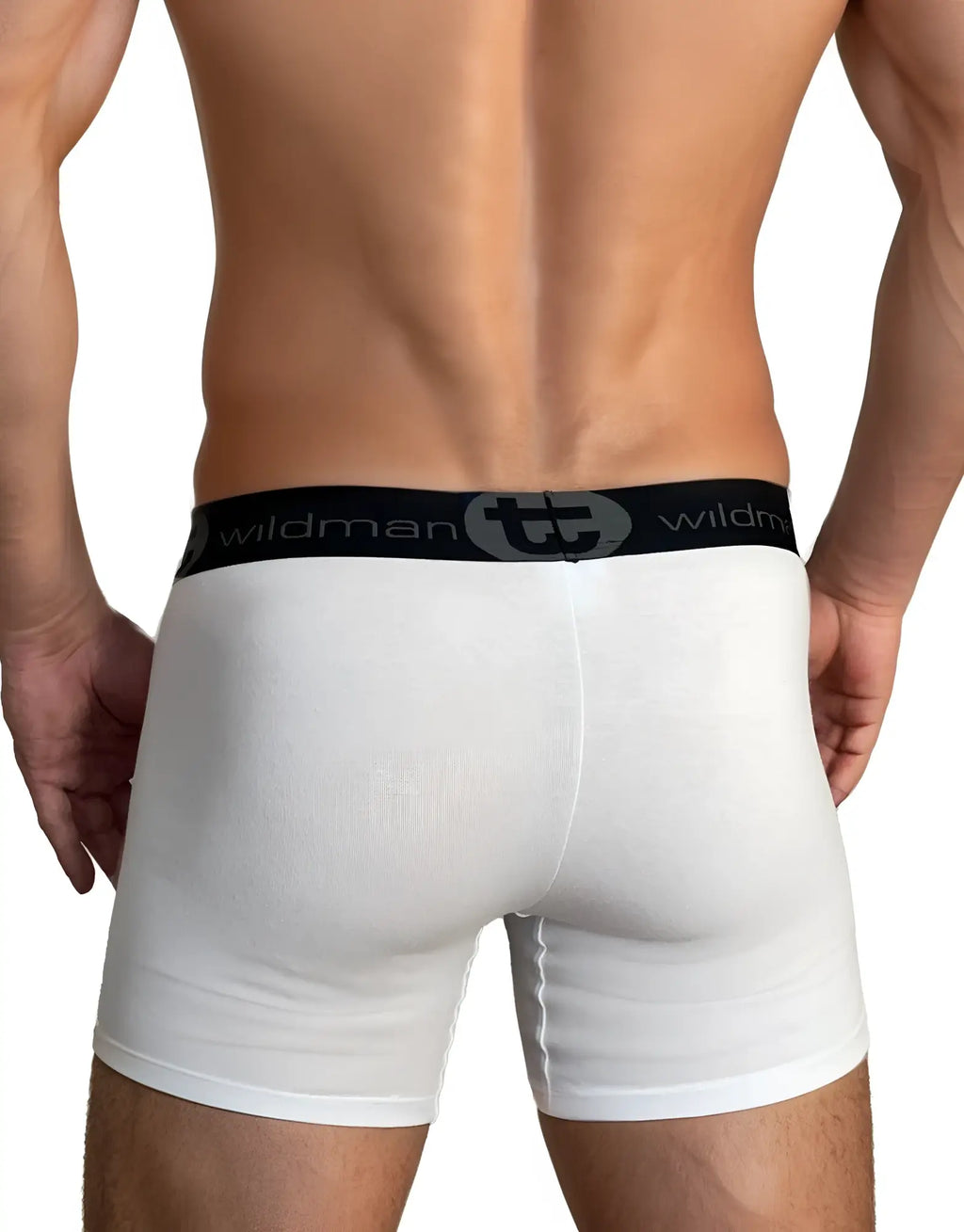 Rear view of white 5-inch inseam boxer briefs with a black branded waistband featuring the "wildman" logo.