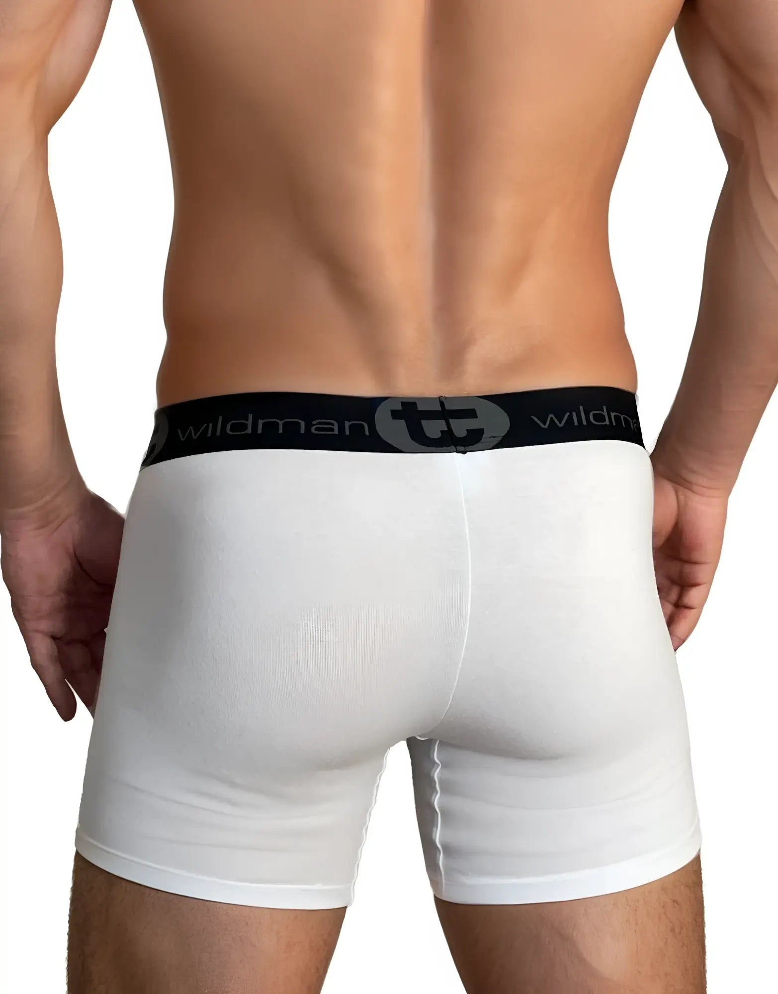 Rear view of white 5-inch inseam boxer briefs with a black branded waistband featuring the "wildman" logo.