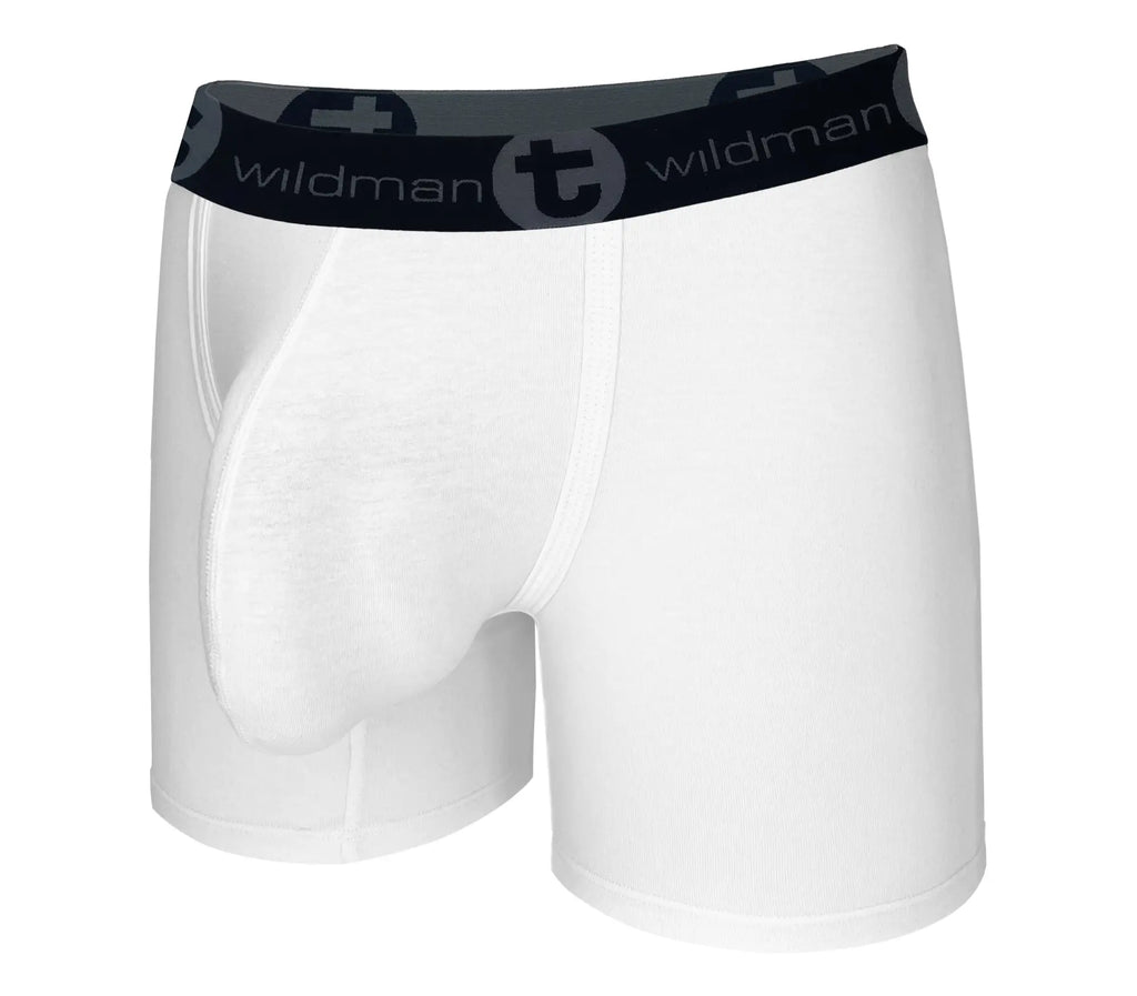 White Big Boy boxer briefs with a 5-inch inseam, featuring a prominent contoured front pouch and branded waistband.