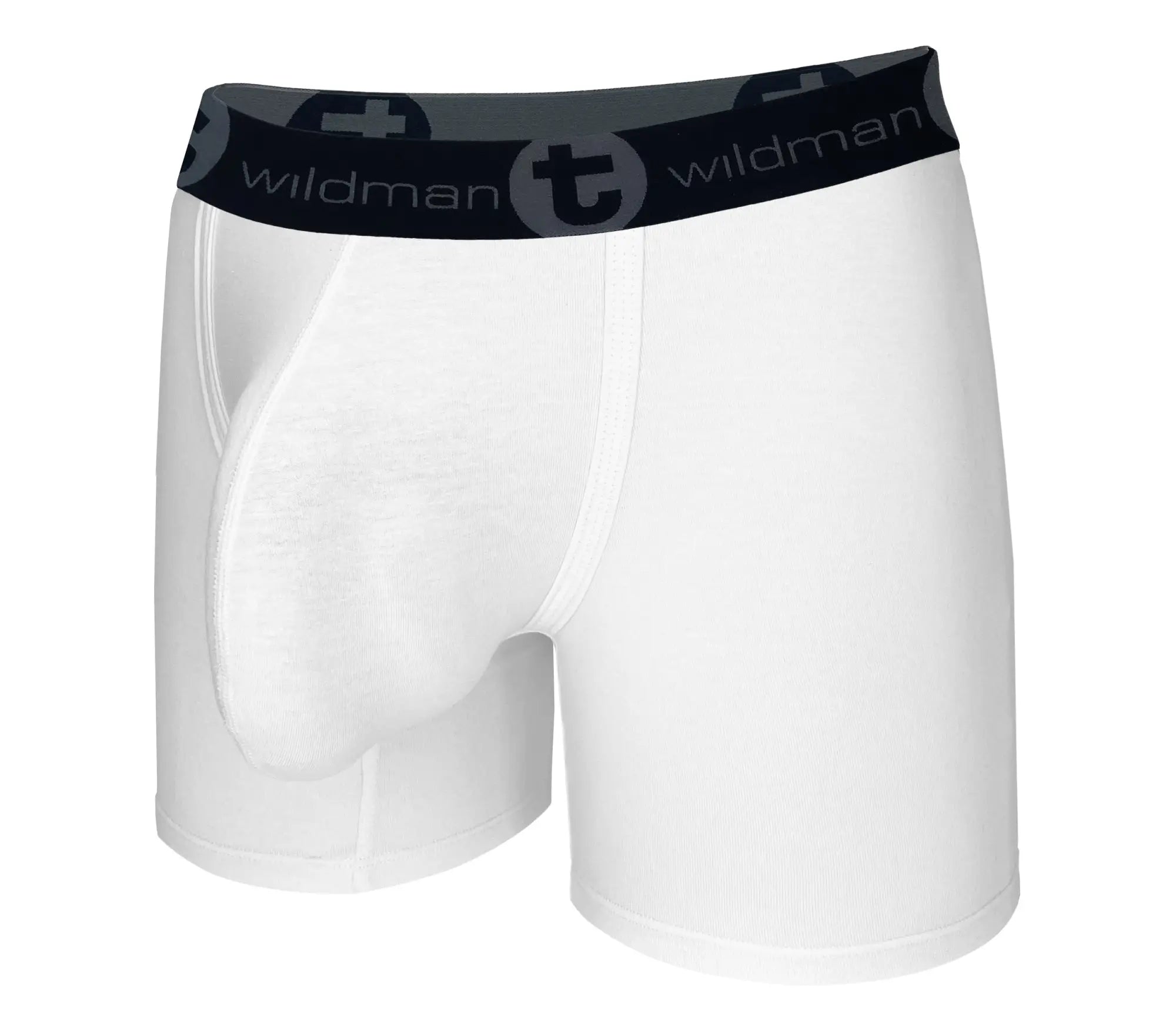 White Big Boy boxer briefs with a 5-inch inseam, featuring a prominent contoured front pouch and branded waistband.