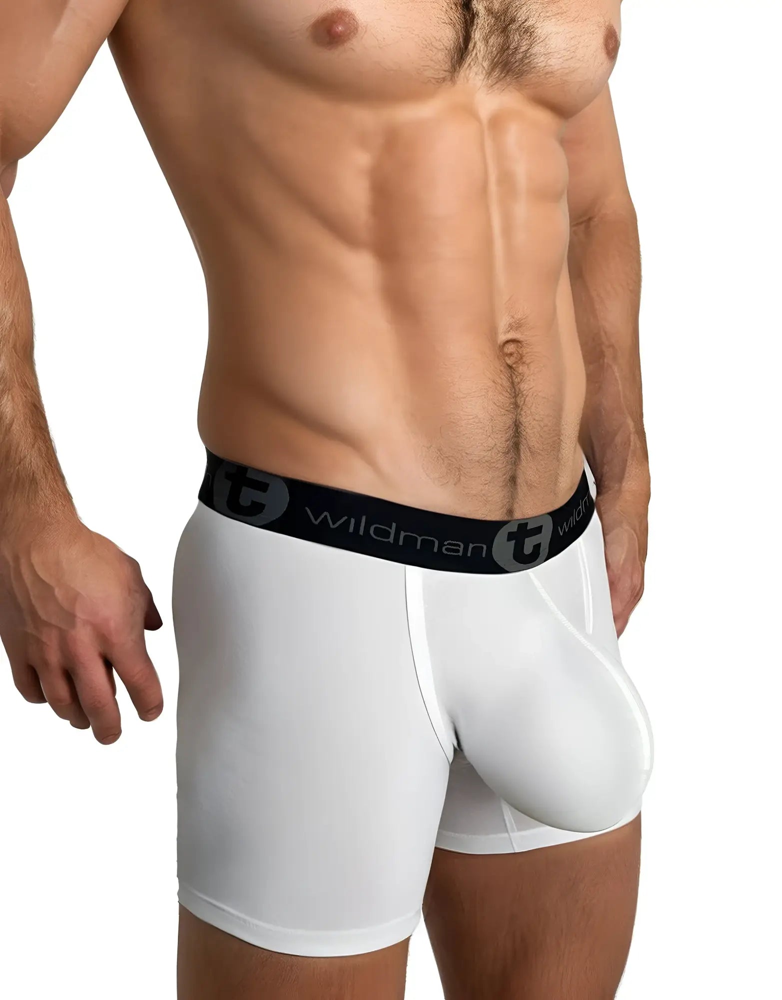 White 5-inch inseam boxer briefs with a prominent contoured pouch and a black waistband featuring "Wildman" branding.