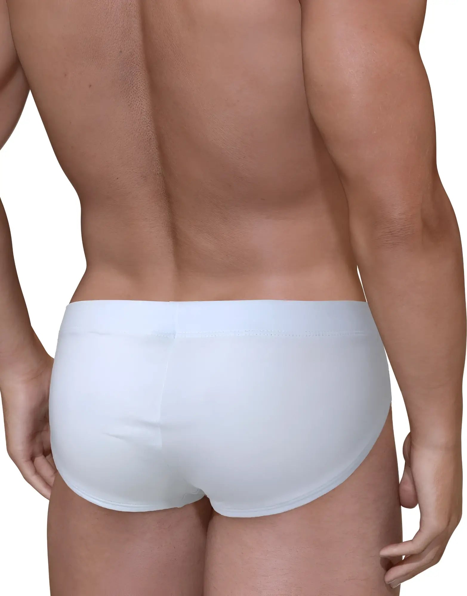Back view of a man wearing solid white Big Boy pouch bikini underwear with a form-fitting, classic cut design.