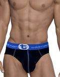 Black cotton briefs with a front pouch, contrast blue stitching, and a blue waistband featuring the WildmanT logo.
