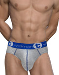 Gray cotton brief with a contoured pouch, blue contrast stitching, and a blue waistband featuring the WildmanT logo.