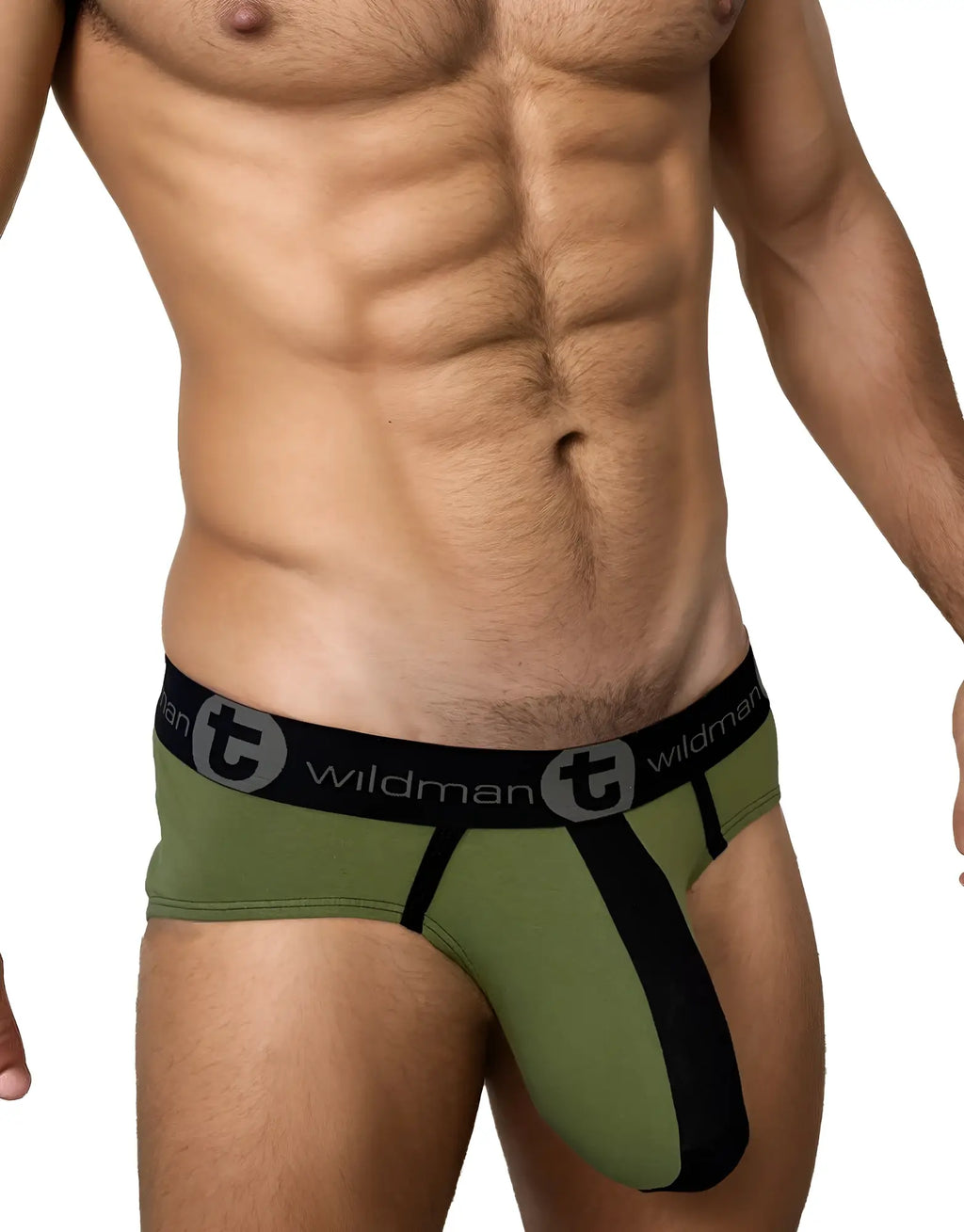 Army green Big Boy pouch cotton briefs with a black waistband, black center stripe, and "wildman" logo text.