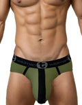 Army green cotton brief with a black center stripe and branded waistband on a male model.
