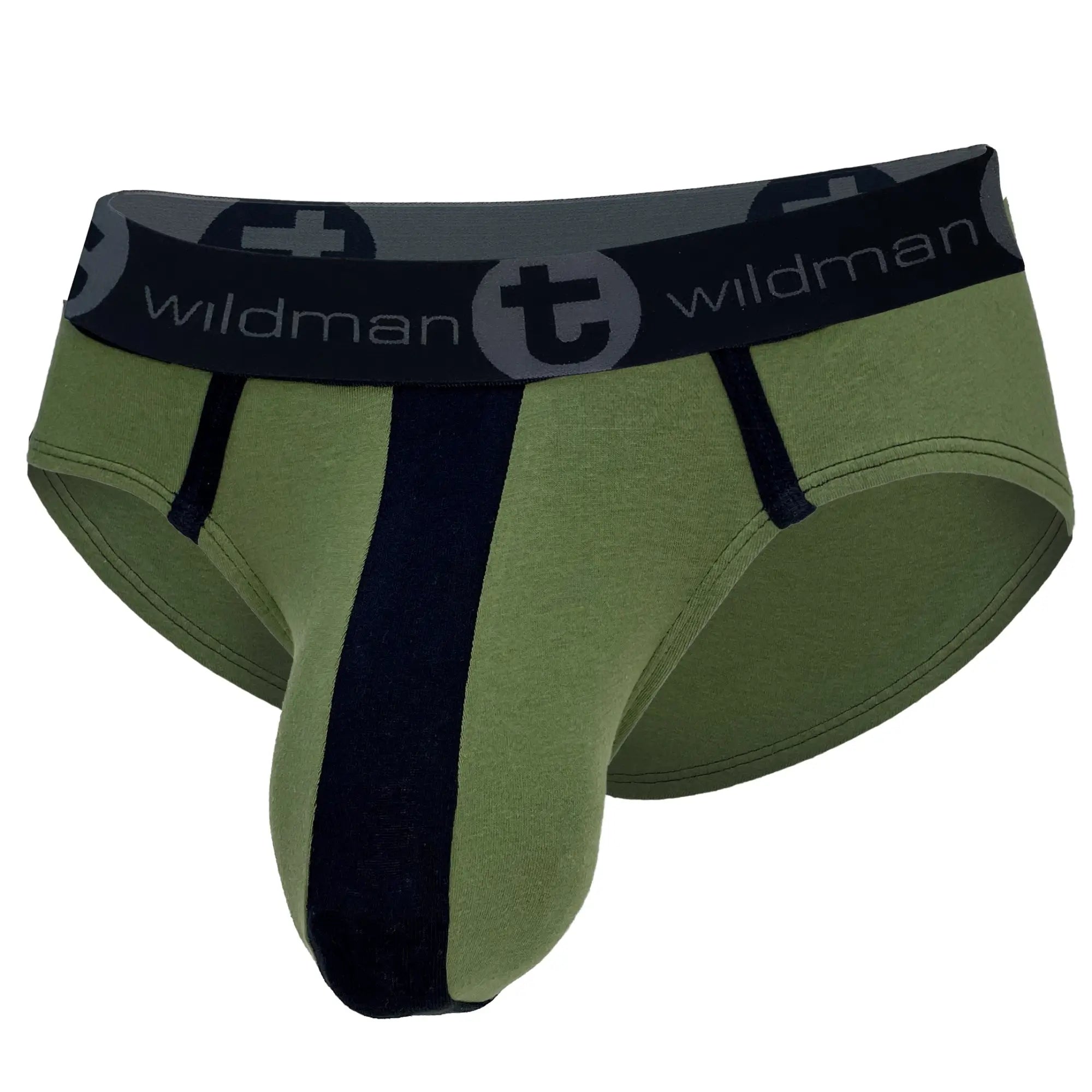 Army green cotton briefs featuring a dark center stripe, pouch front, and black waistband with "wildman" branding.