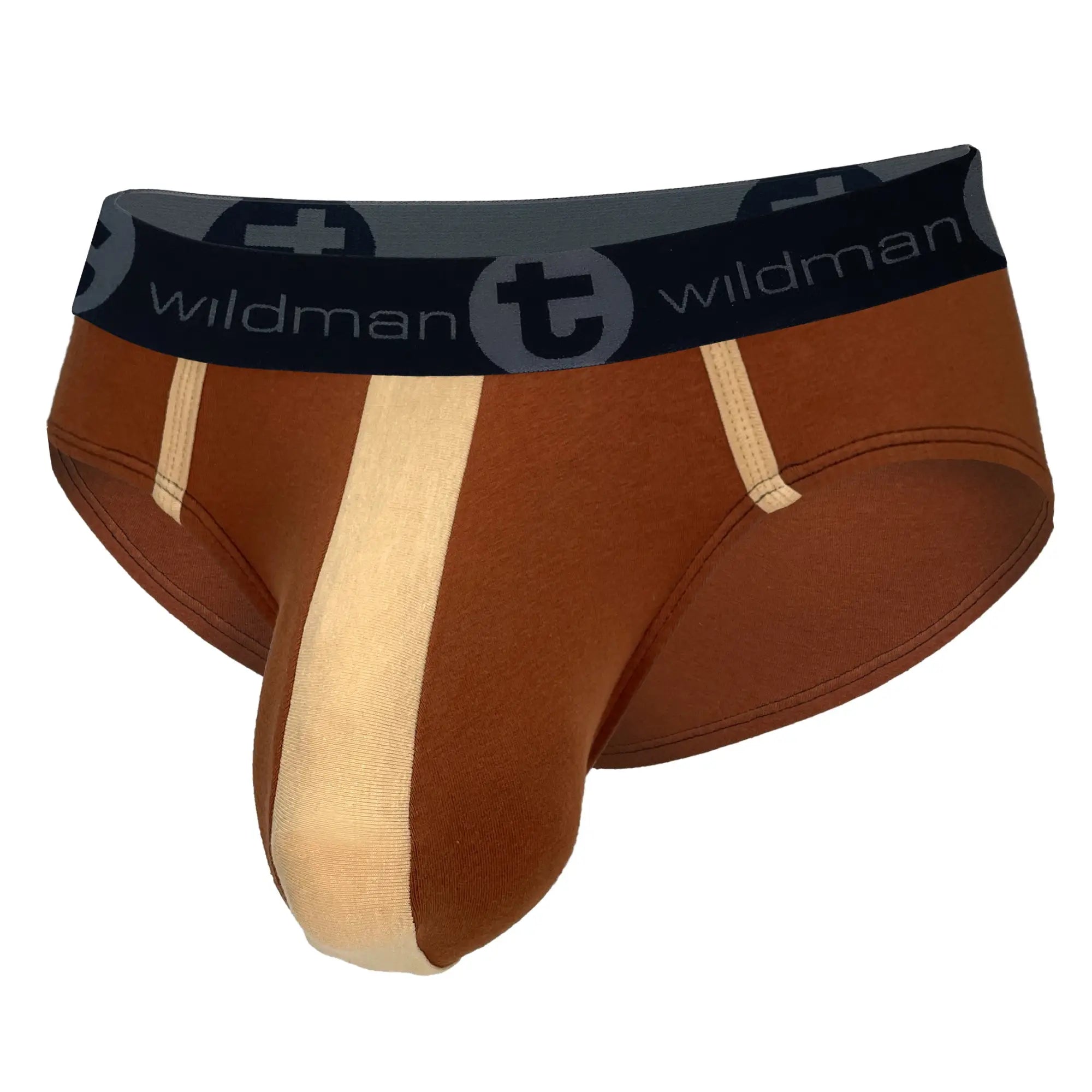 Brown and tan cotton brief with a front pouch, stripe detail, and a black Wildman logo waistband.