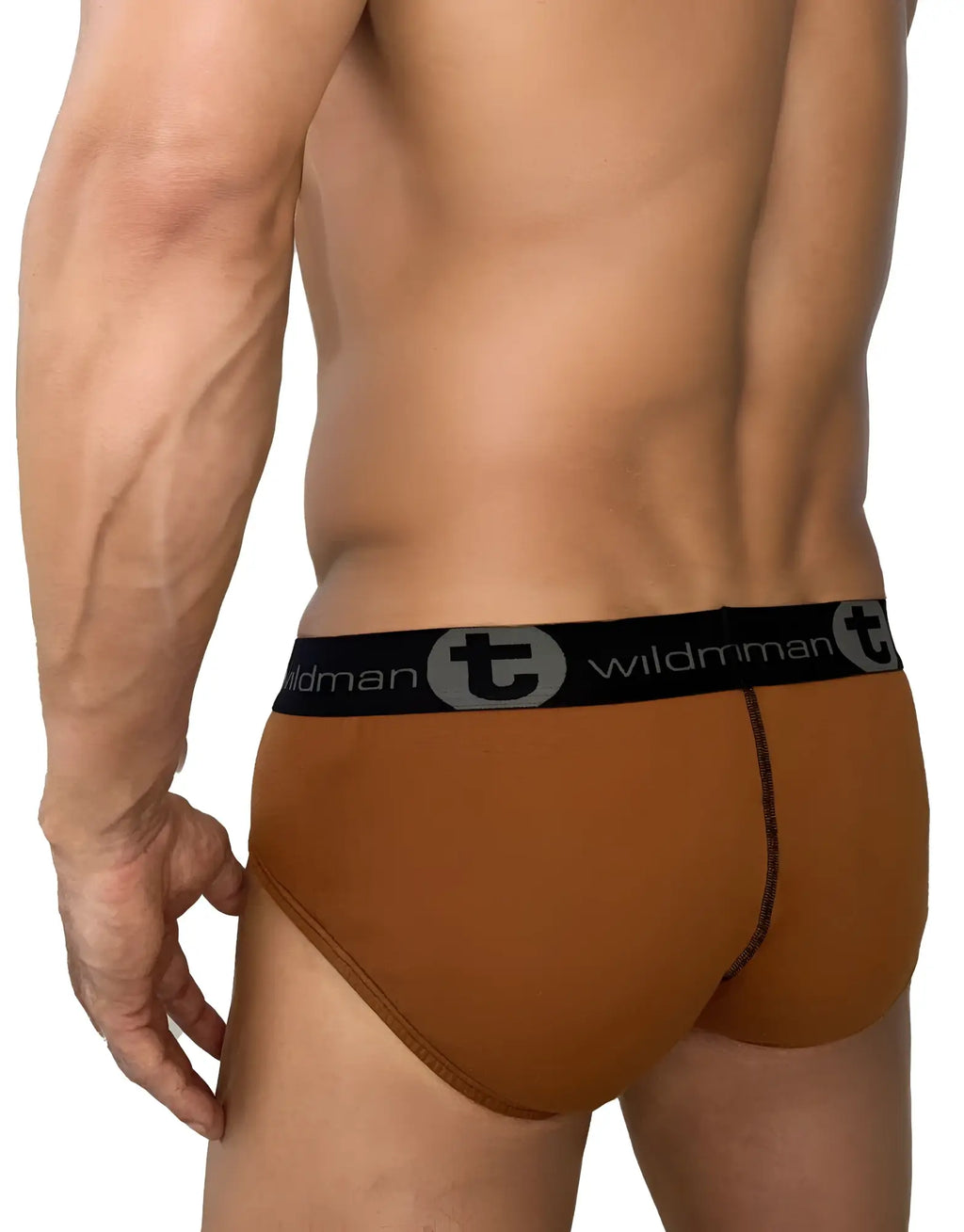 Brown cotton briefs with a black branded waistband featuring the "wildman" logo, viewed from the rear.