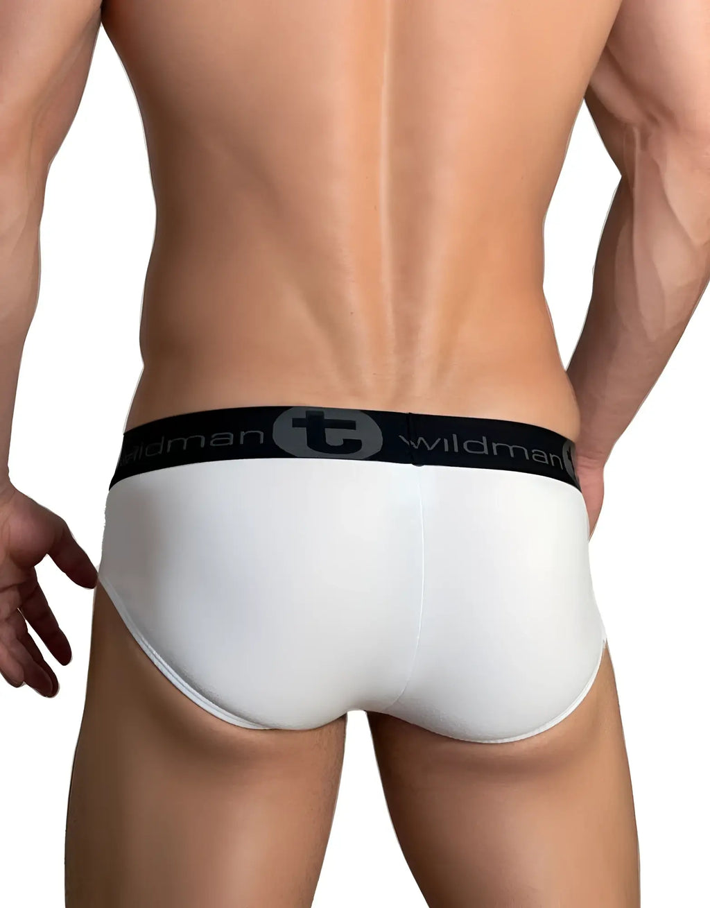 White cotton brief with a black branded waistband featuring the WildmanT logo, viewed from the back.