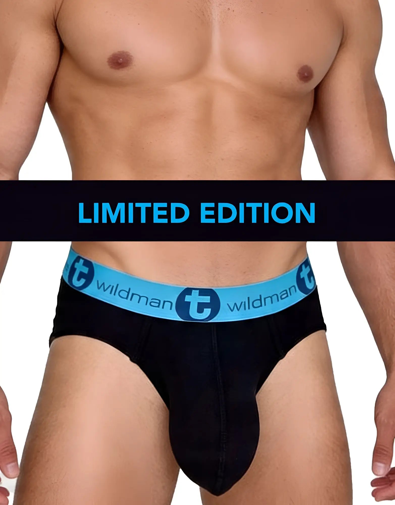 WildmanT Big Boy pouch cotton briefs in black with a bright blue elastic waistband featuring the WildmanT logo.