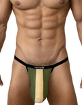 WildmanT Big Boy pouch micro thong in olive green and tan with a black waistband and logo label on a muscular torso.