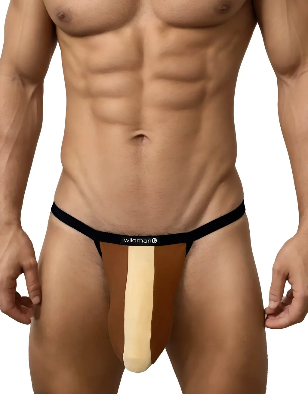 WildmanT brown and tan cotton micro thong featuring a prominent center-striped big boy pouch and black waistband.
