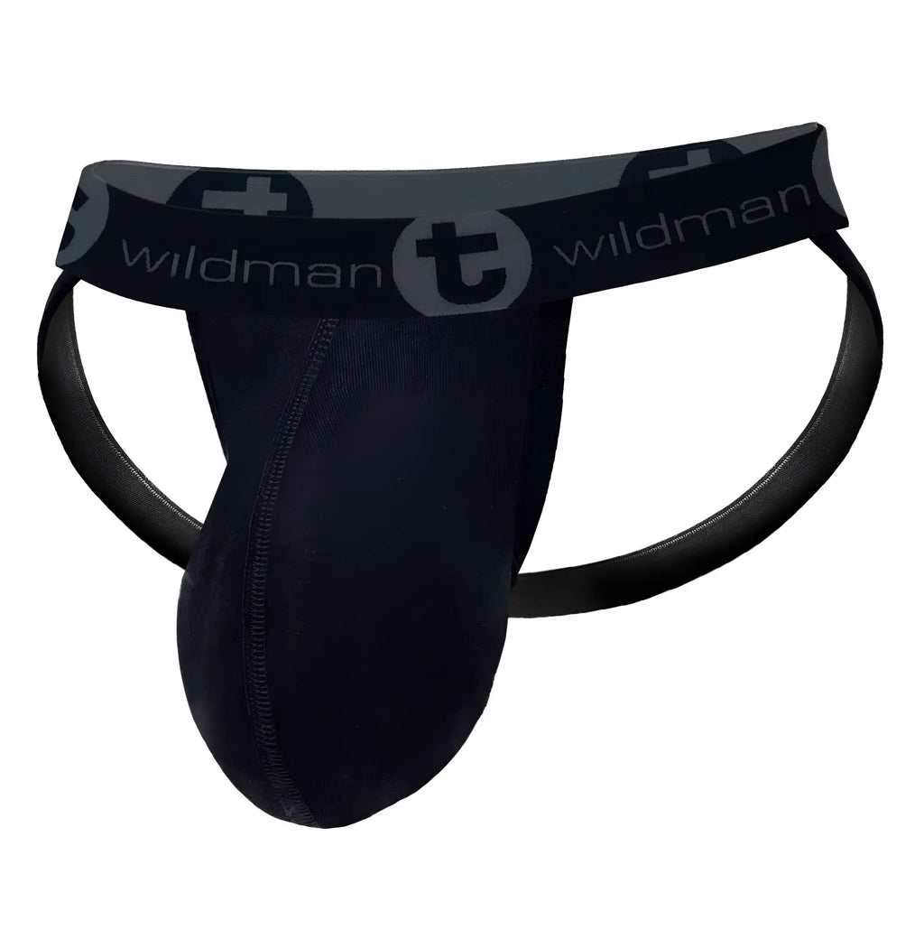 Black WildmanT jockstrap with a contoured front pouch and a branded grey waistband featuring the Wildman logo.