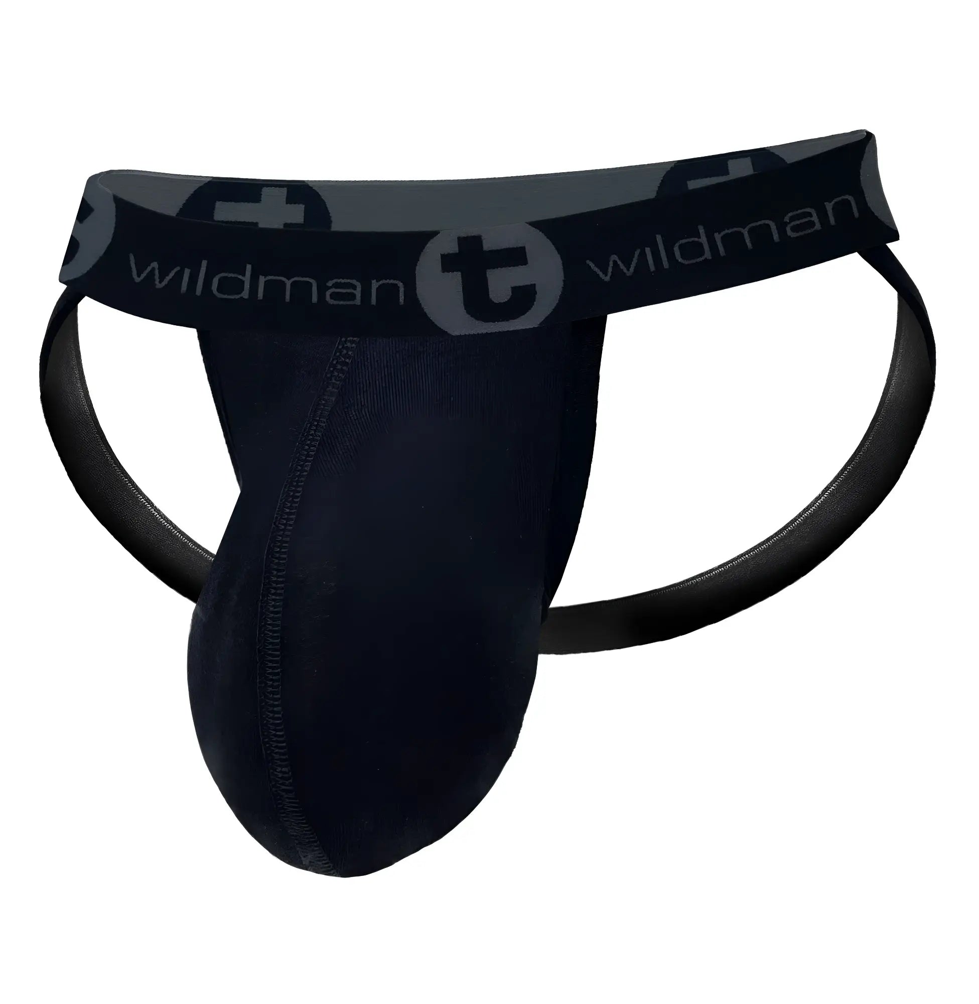 Black WildmanT jockstrap with a contoured front pouch and a branded grey waistband featuring the Wildman logo.