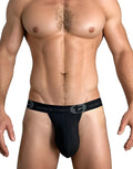 Black WildmanT jockstrap with a contoured big boy pouch and a branded elastic waistband on a muscular male torso.