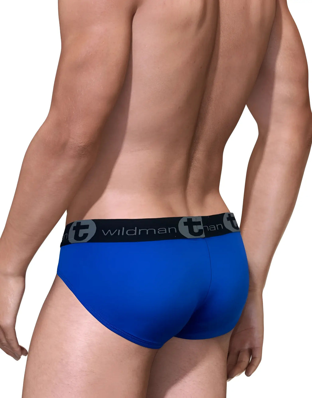 Royal blue mesh brief with a black elastic waistband featuring the WildmanT logo. View from the back.
