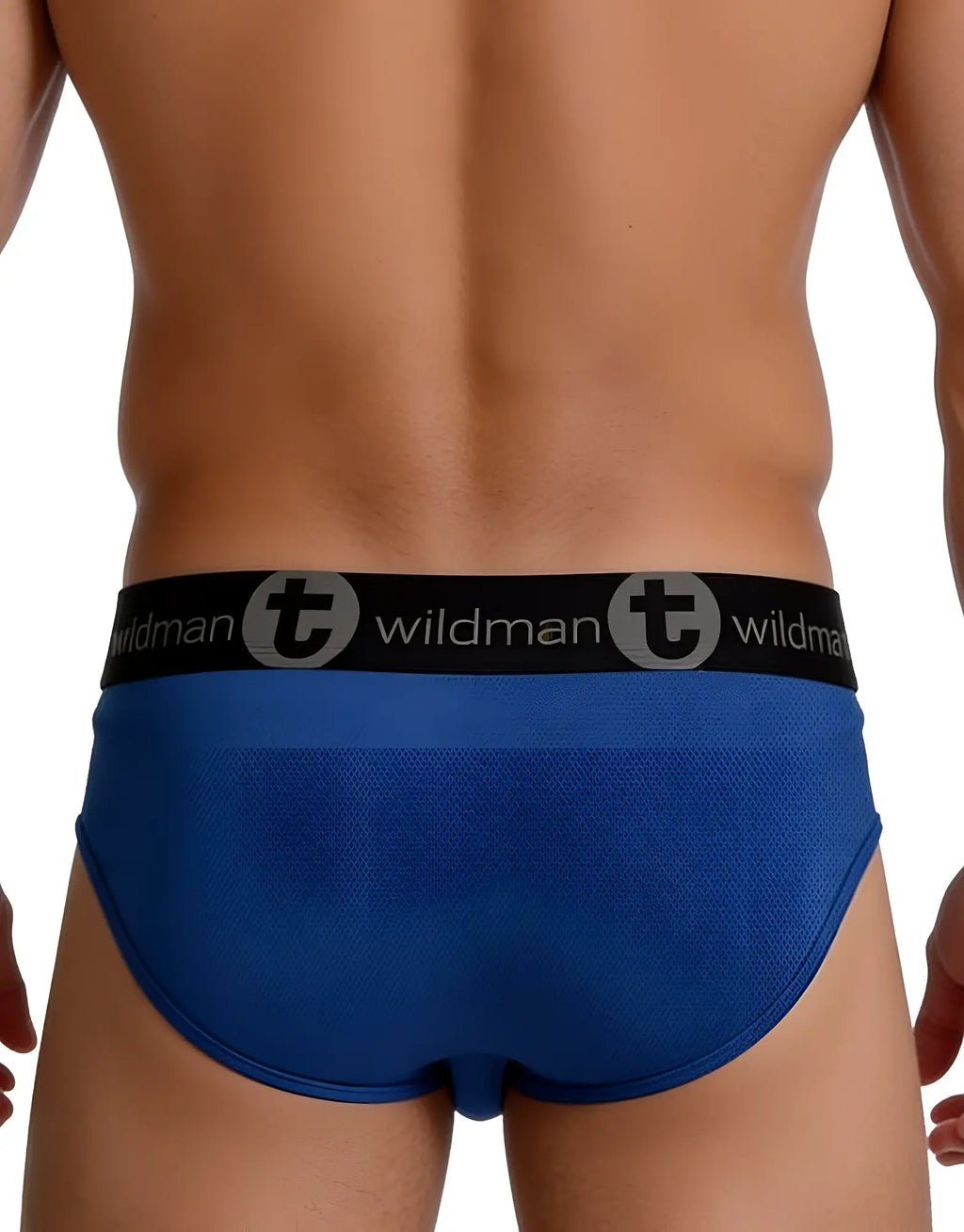 Back view of royal blue mesh brief with a black branded waistband featuring the Wildman logo.