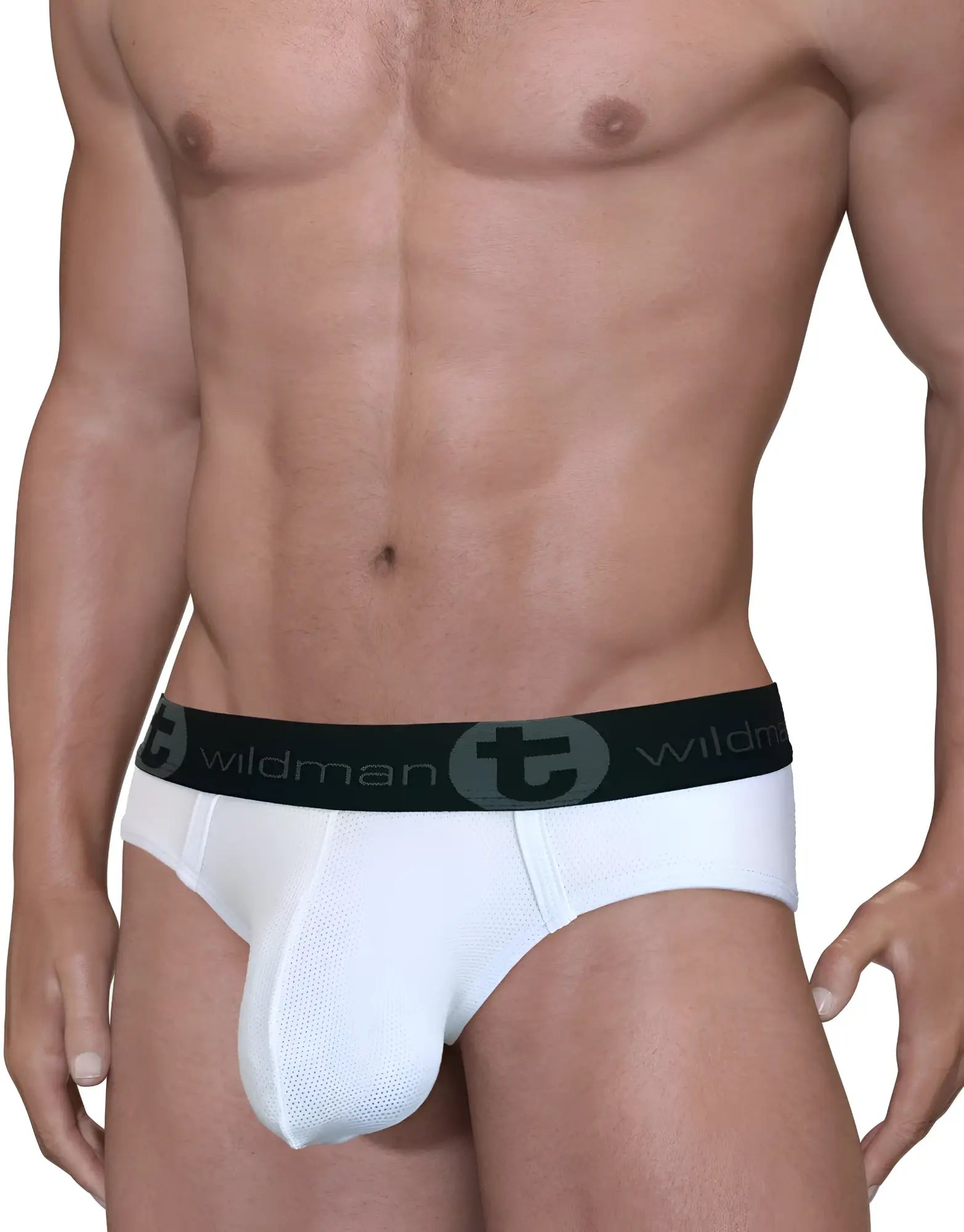 White WildmanT mesh brief with a prominent pouch and a black waistband featuring the WildmanT logo.
