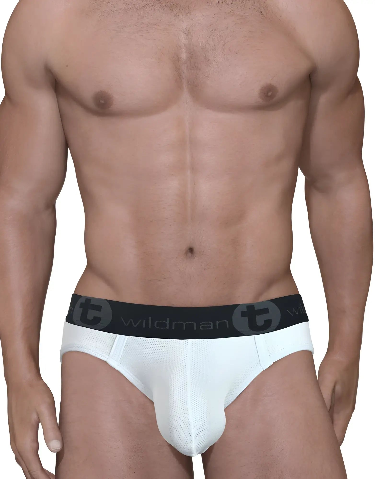 White mesh brief with a prominent pouch, featuring a black waistband with the "WildmanT" logo.