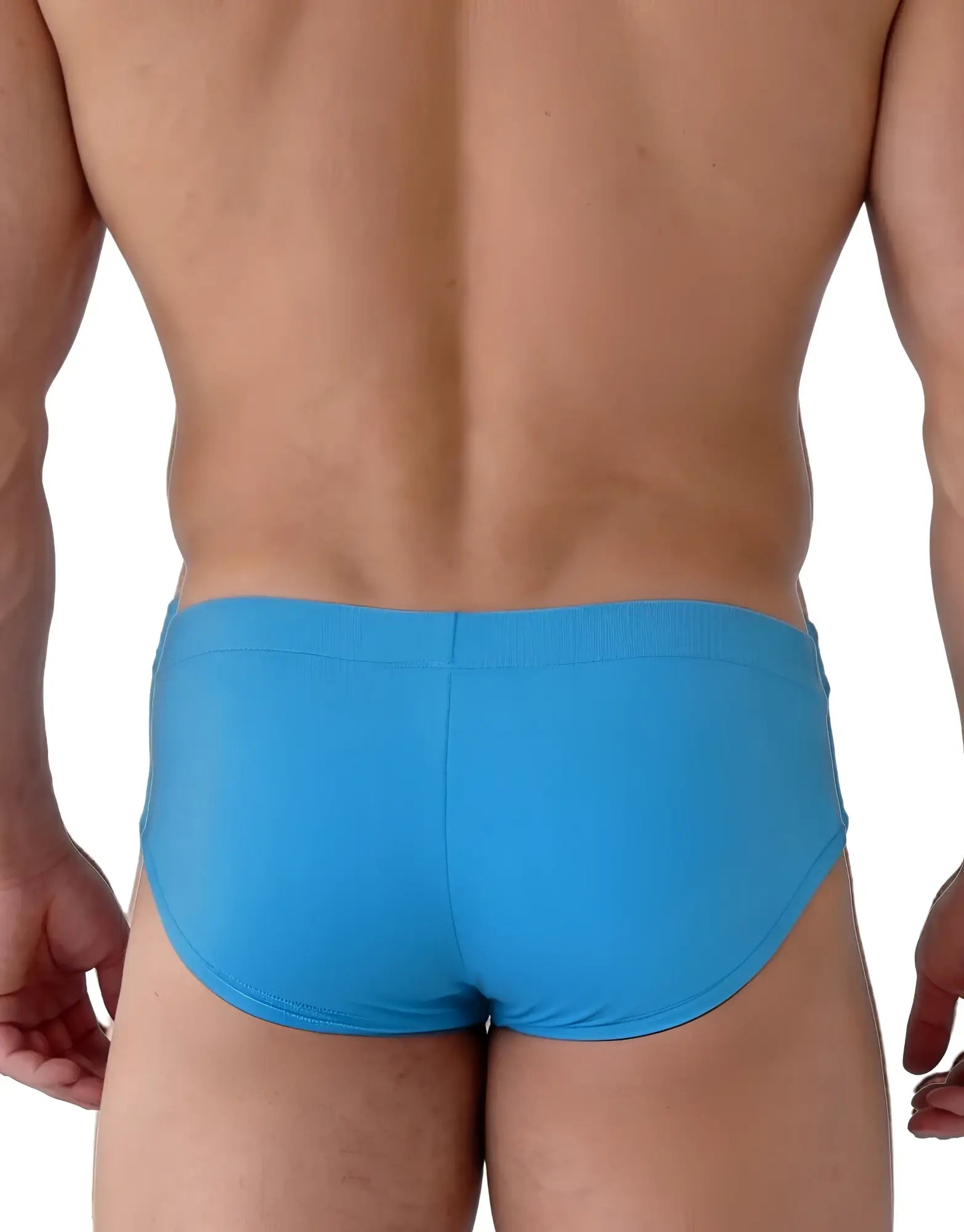 Back view of a person wearing bright blue Big Boy Pouch modal briefs with a wide waistband, isolated on white.