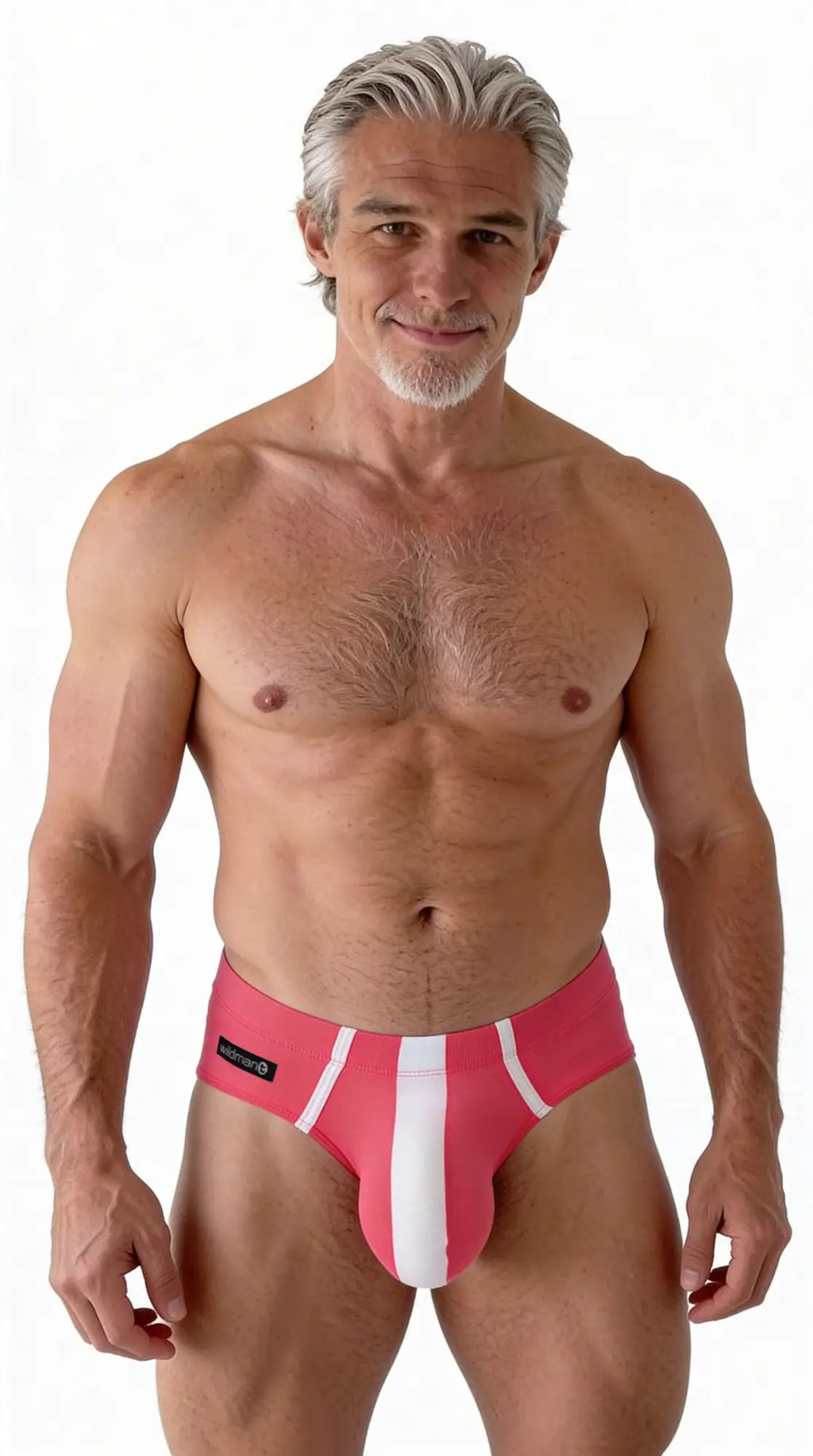 Model wearing pink modal briefs with a white center stripe and Wildman T logo on the hip.