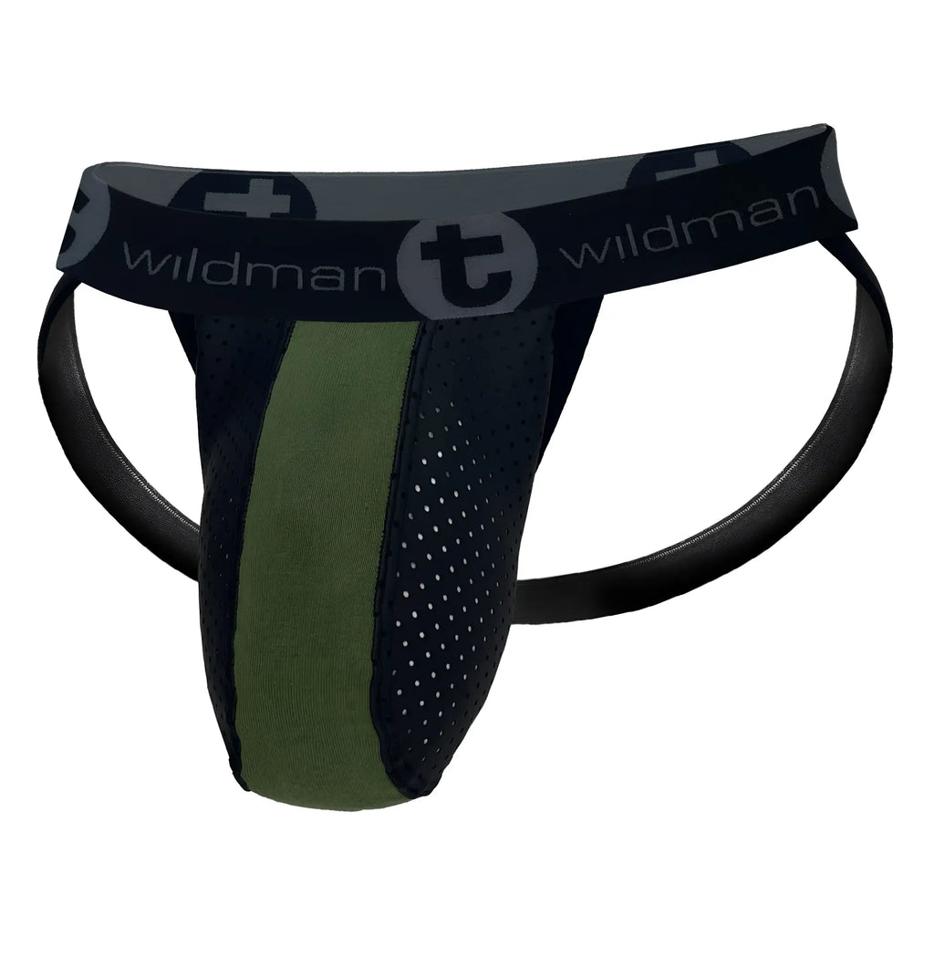 Army green and black perforated jockstrap with a branded elastic waistband and Big Boy pouch design.