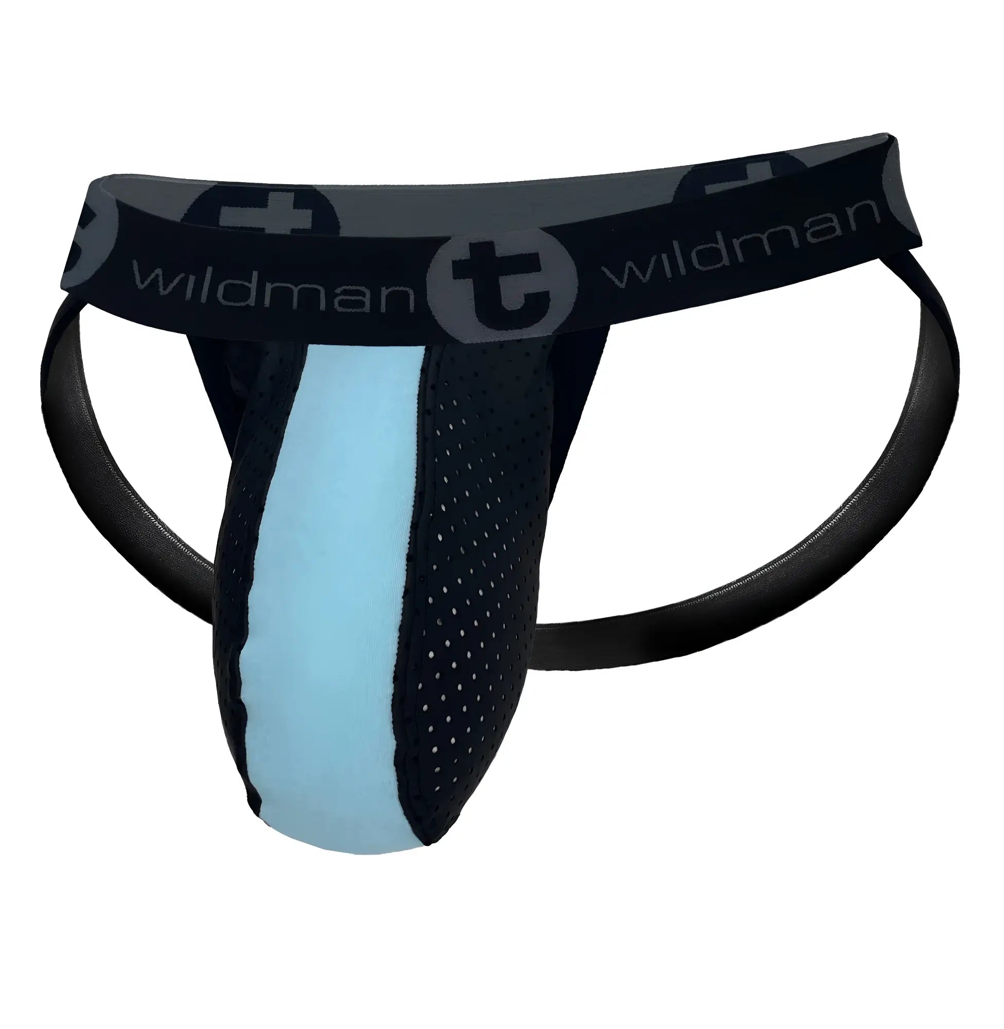 Baby blue and black perforated jockstrap with a large pouch and "WildmanT" branded elastic waistband.
