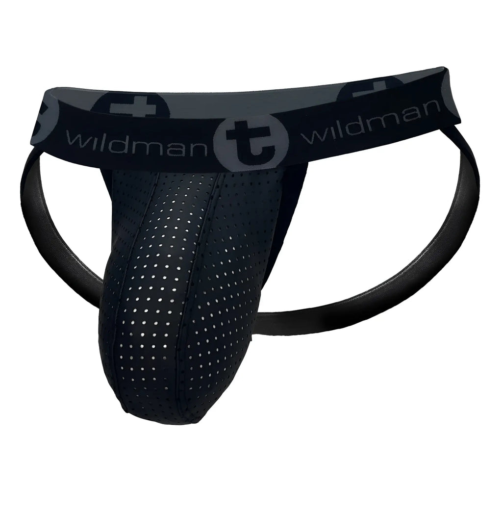 Black perforated jockstrap with a large pouch and a branded elastic waistband reading "WildmanT".