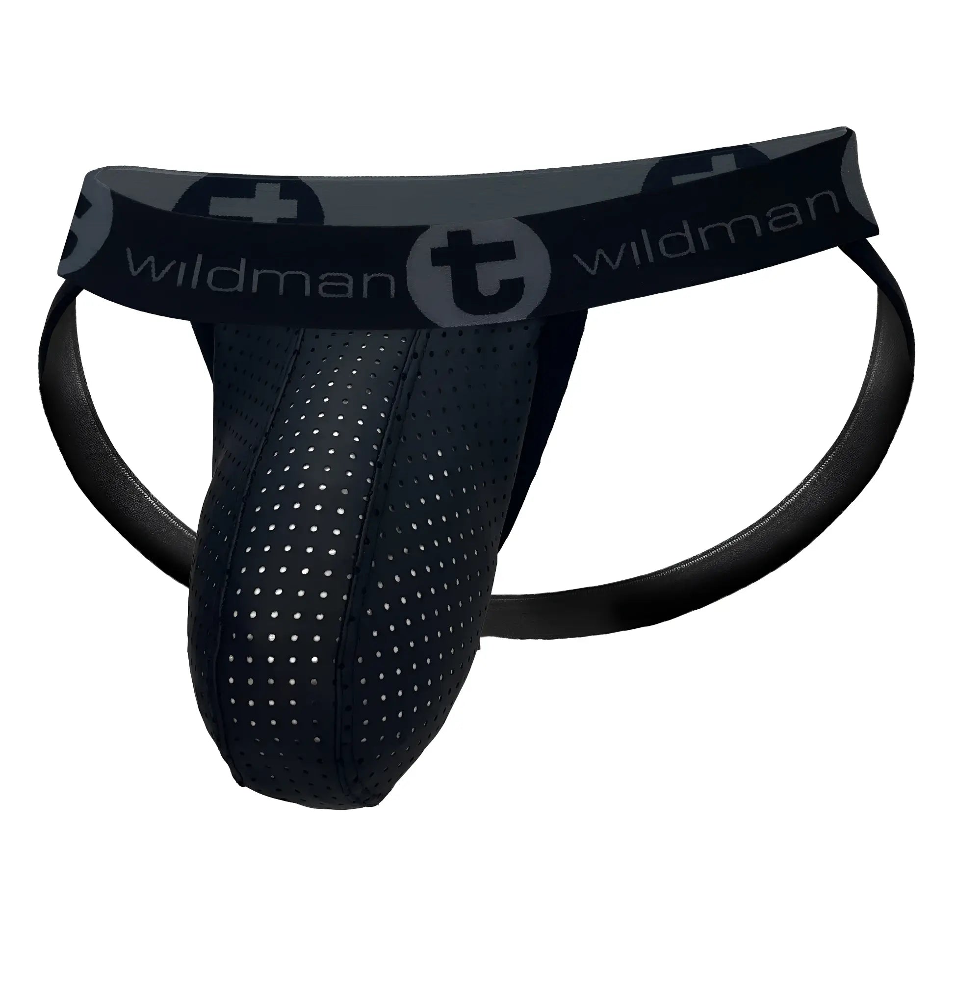 Black perforated jockstrap with a large pouch and a branded elastic waistband reading "WildmanT".